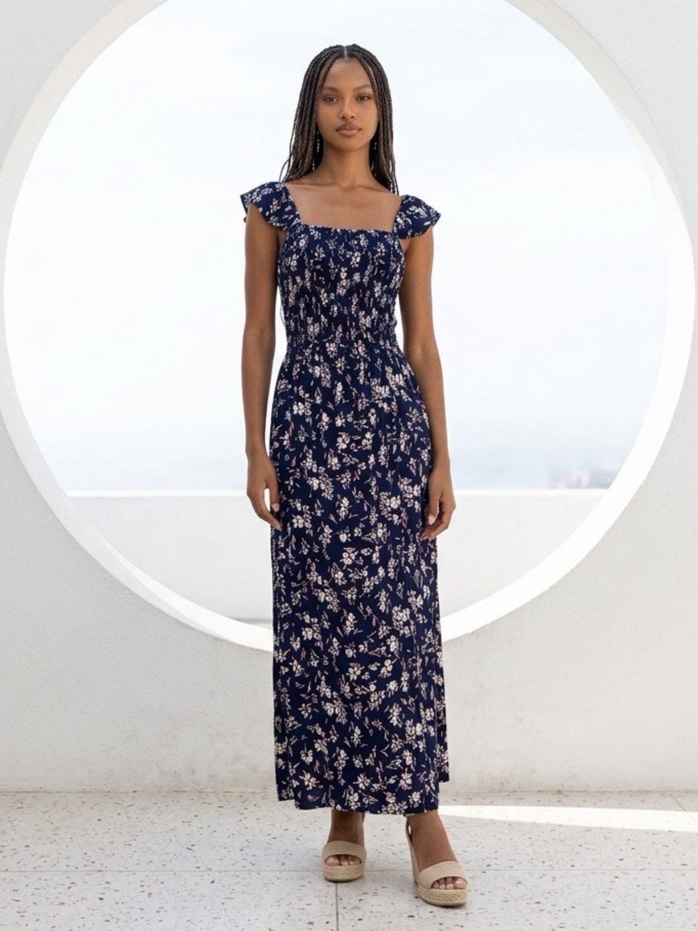 AS U Wish Floral Wide Leg Jumpsuit Navy Smocked Medium Boho